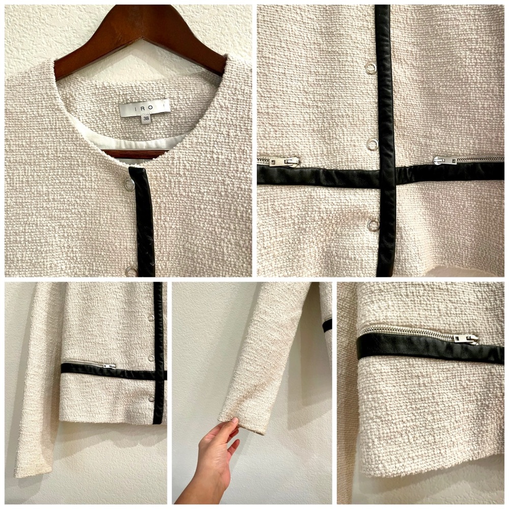 IRO Tweed Boucle Jacket in Natural with Leather Trim FR 38 US 6 - Picture 5 of 10